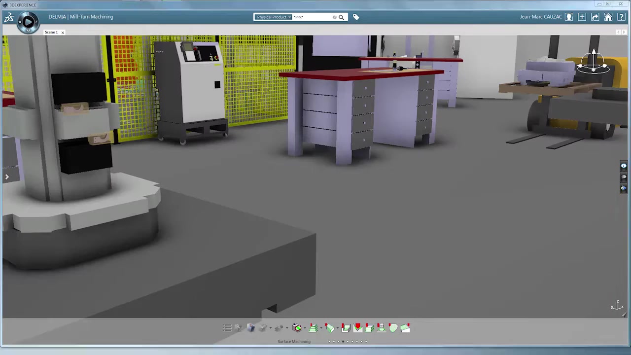 DELMIA 3D factory layout with CNC machines and safety fencing