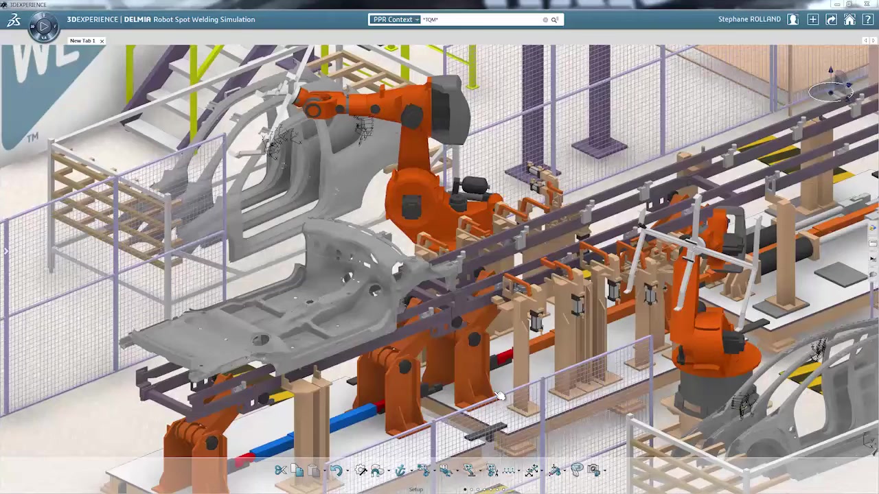 Robot spot welding simulation on full vehicle assembly line