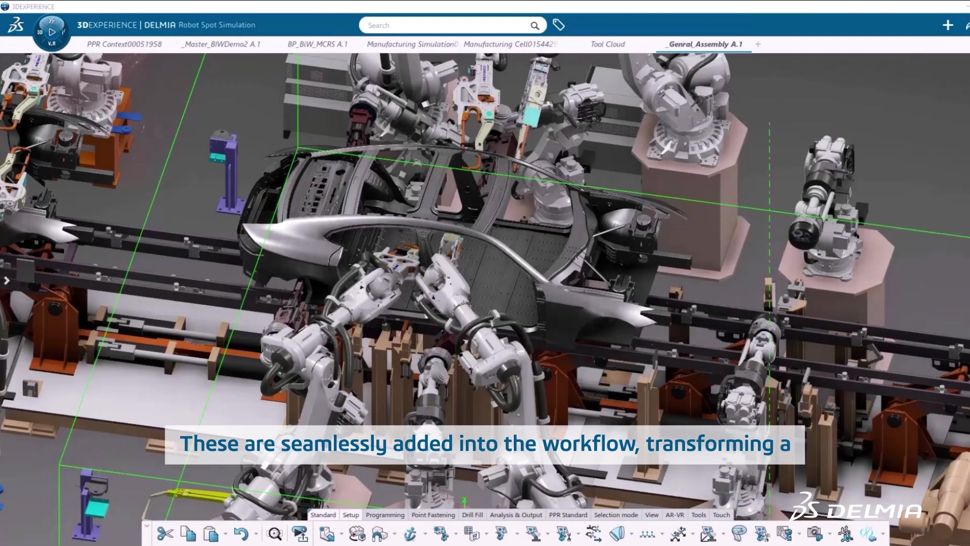 Complex car body assembly cell with multiple robotic arms