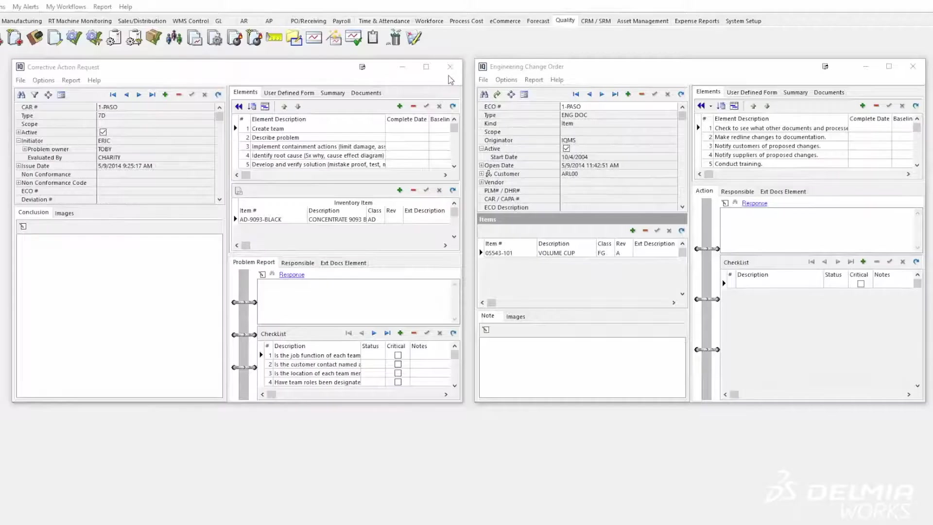 DELMIAWorks QMS module menu — FMEA, Risk Assessment, Control Plan, Inspection Setup, Quick Inspection, and Record Approval