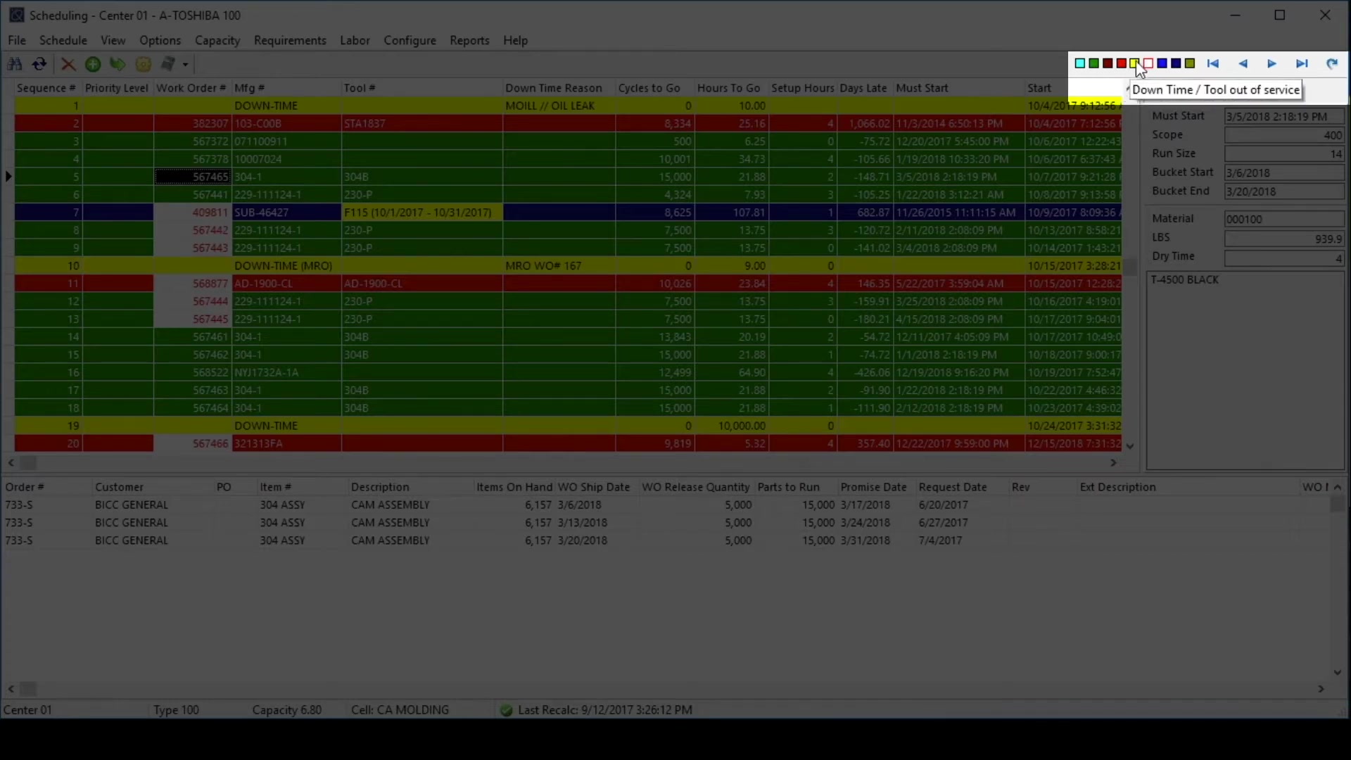DELMIAWorks production scheduling board showing capacity status by work center with red/green load indicators