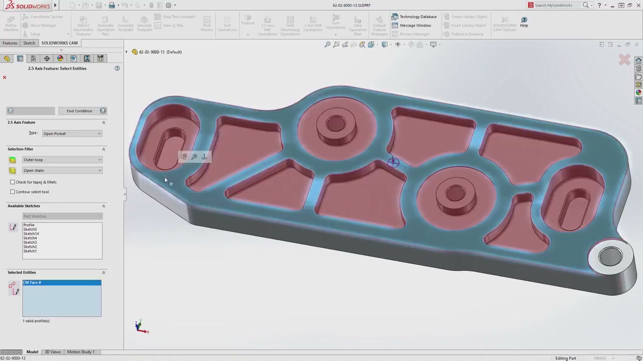 SOLIDWORKS CAM machinable feature selection with pink highlight overlays on part geometry
