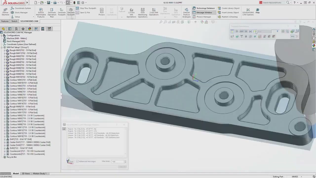 SOLIDWORKS CAM NC Manager tree showing 20-plus machining operations and G-code output log