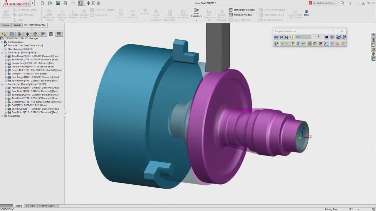 SOLIDWORKS CAM turning simulation showing lathe chuck and part profile with toolpath overlay