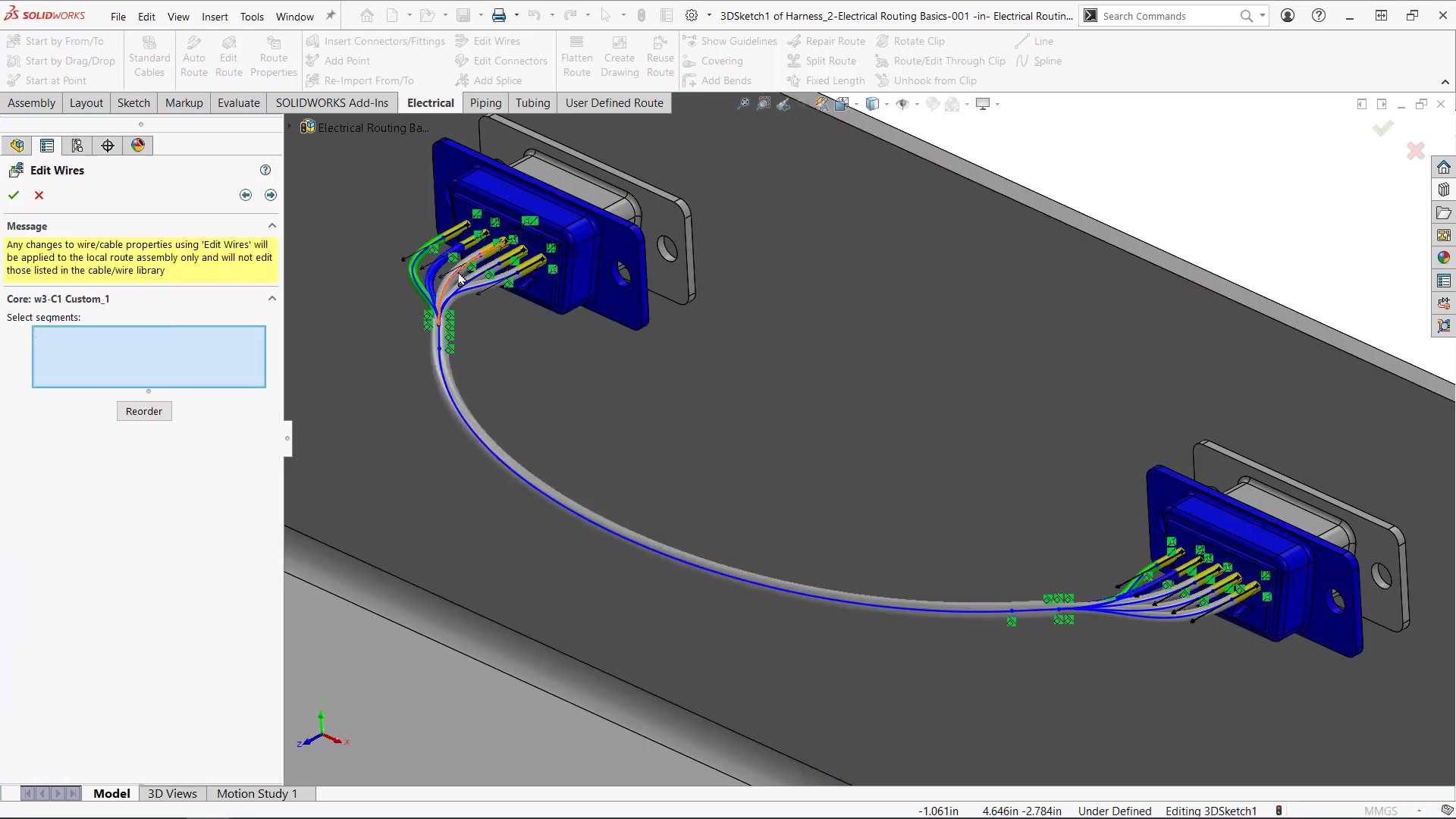 SOLIDWORKS Electrical 3D showing cable harness routing through a mechanical assembly