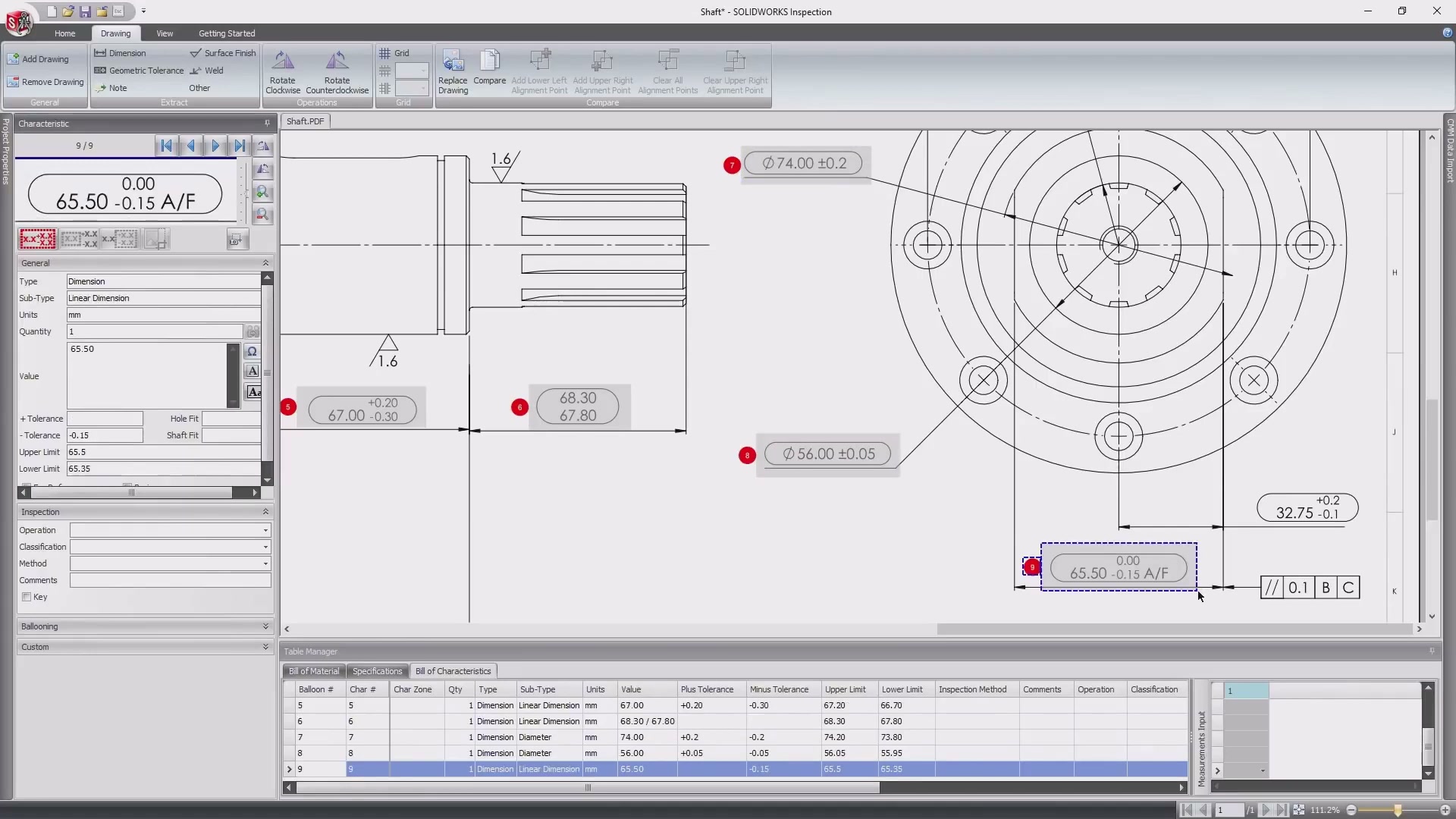 Full Inspection UI with BOM and characteristics table