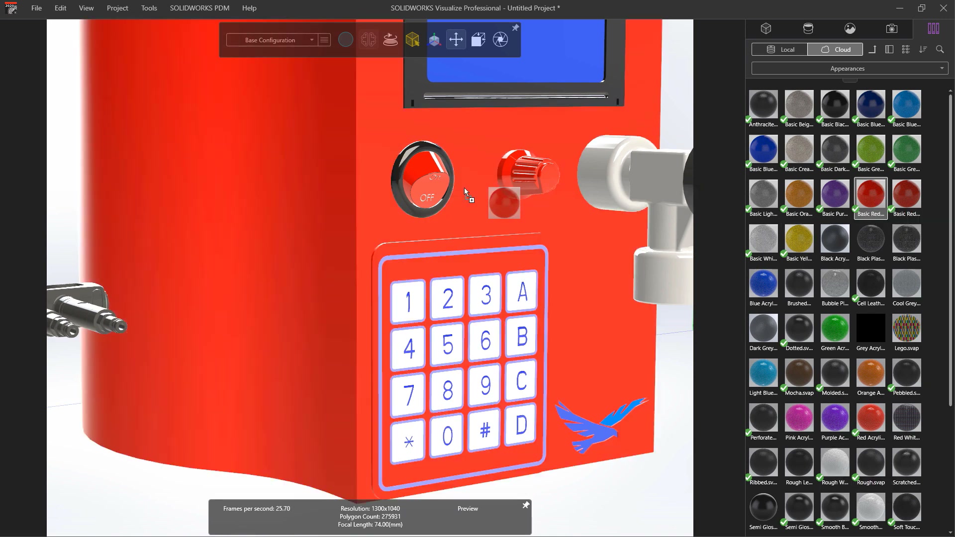 SOLIDWORKS Visualize material library showing 100+ appearance swatches for drag-and-drop application
