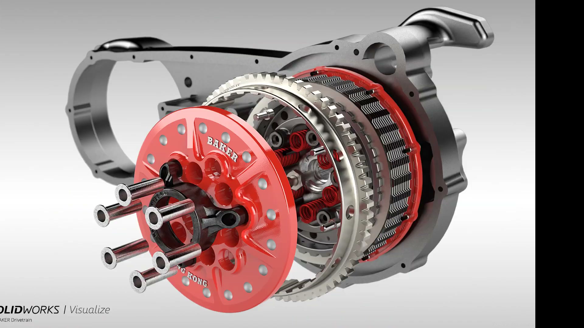 Photorealistic final render of Baker Drivetrain clutch assembly produced in SOLIDWORKS Visualize